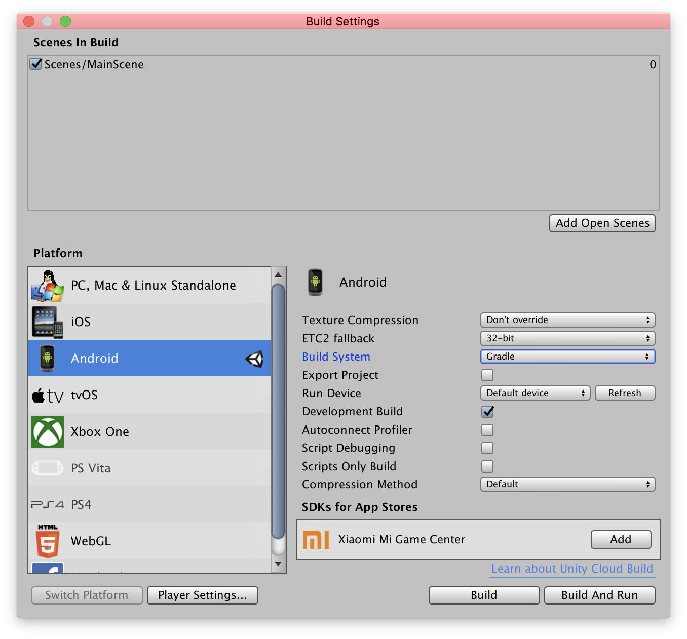 Android Build Settings dialog