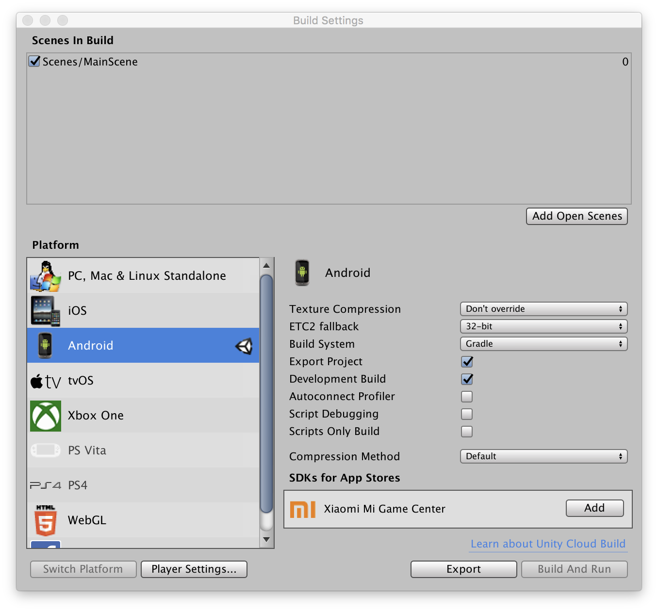 Android Build Settings dialog
