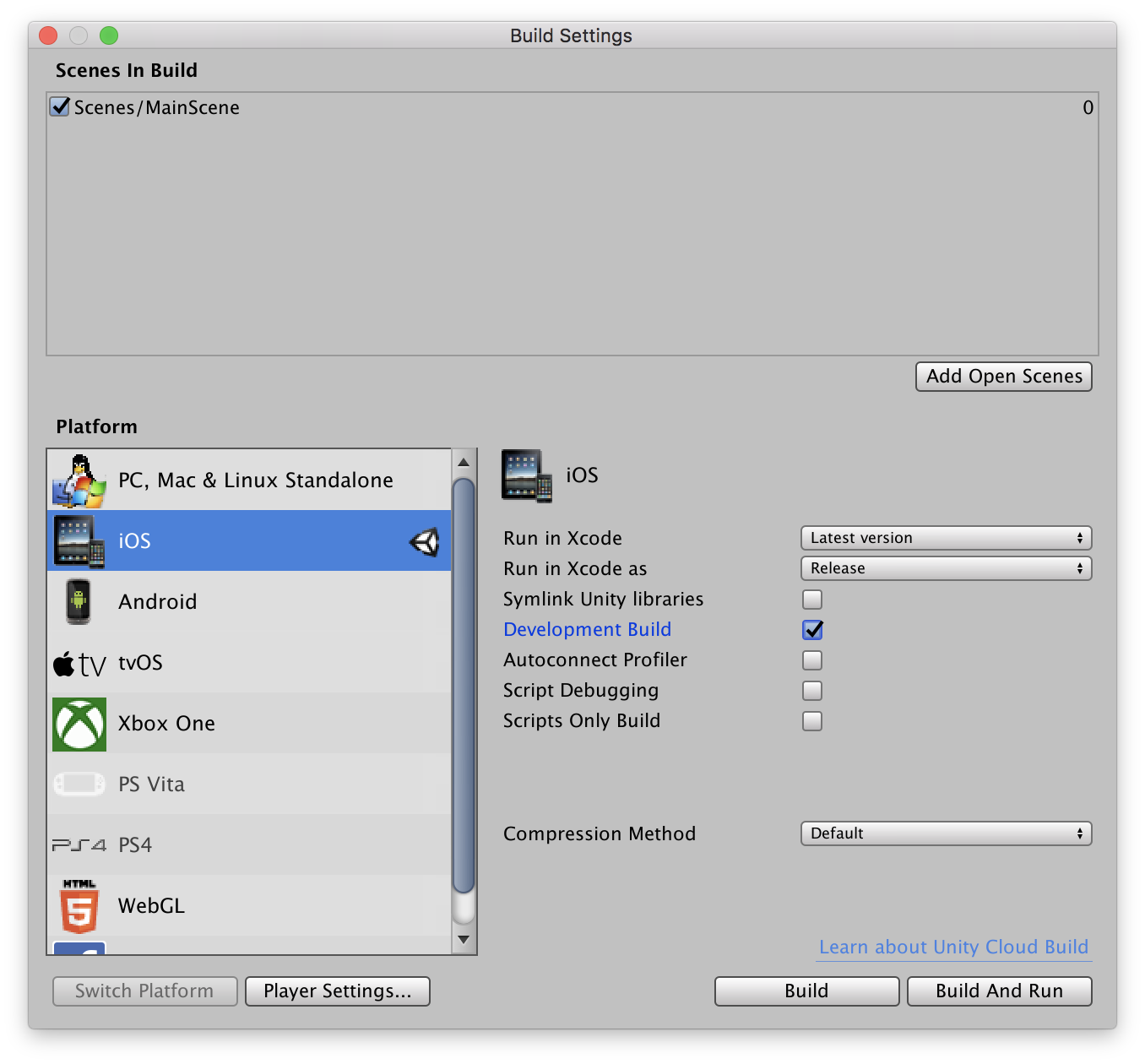 iOS Build Settings dialog