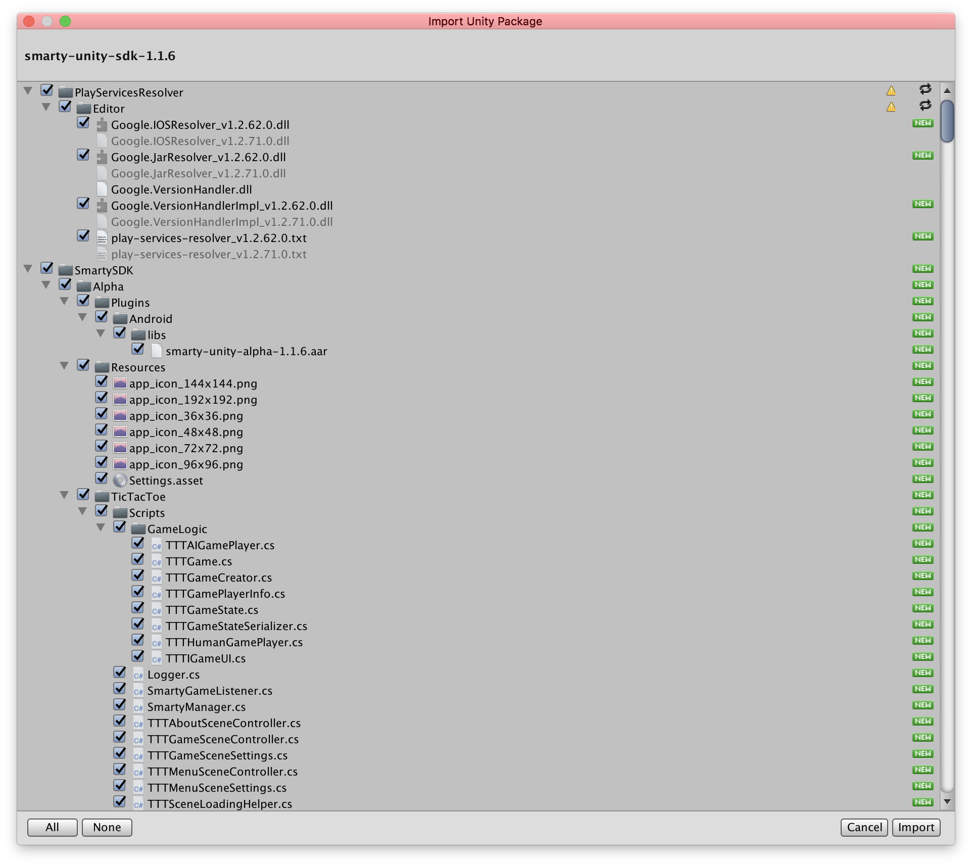 Import package dialog