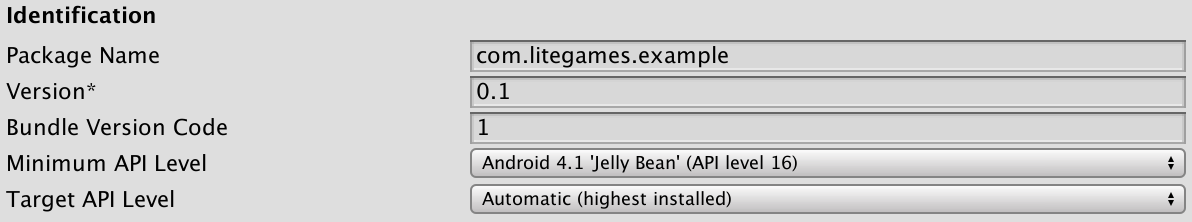 Unity Editor Player Settings for Android / Other Settings / Identification